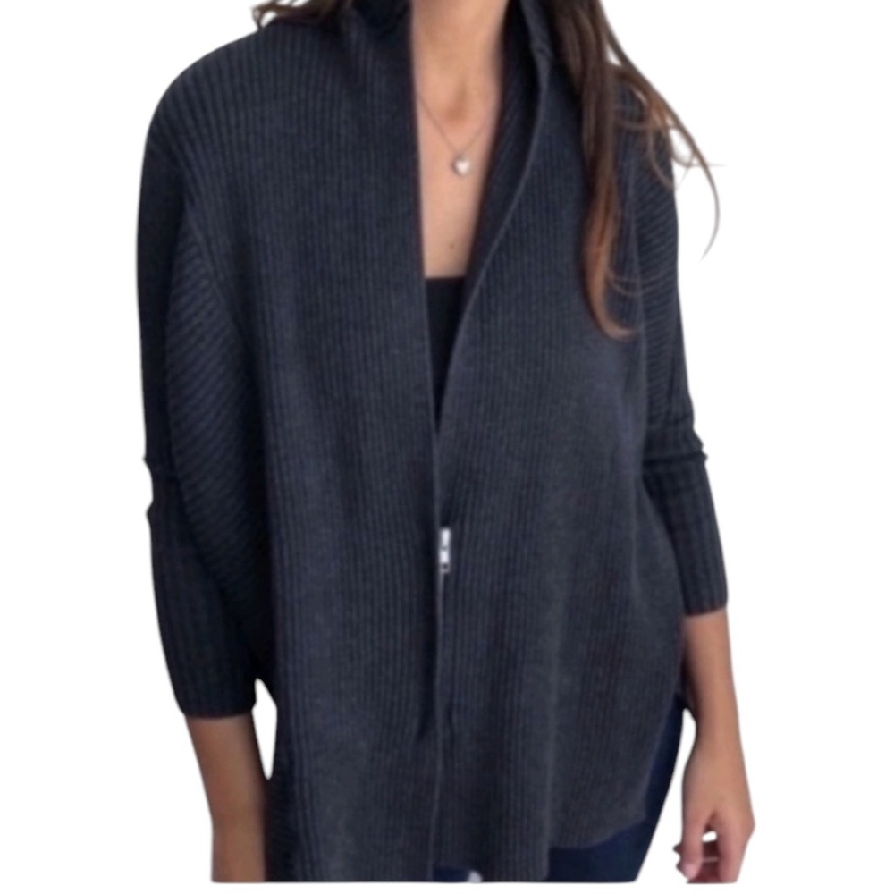 CAbi  Charcoal Gray Ribbed Oversized Zipper Front Cosmo Cardigan Sweater #3366